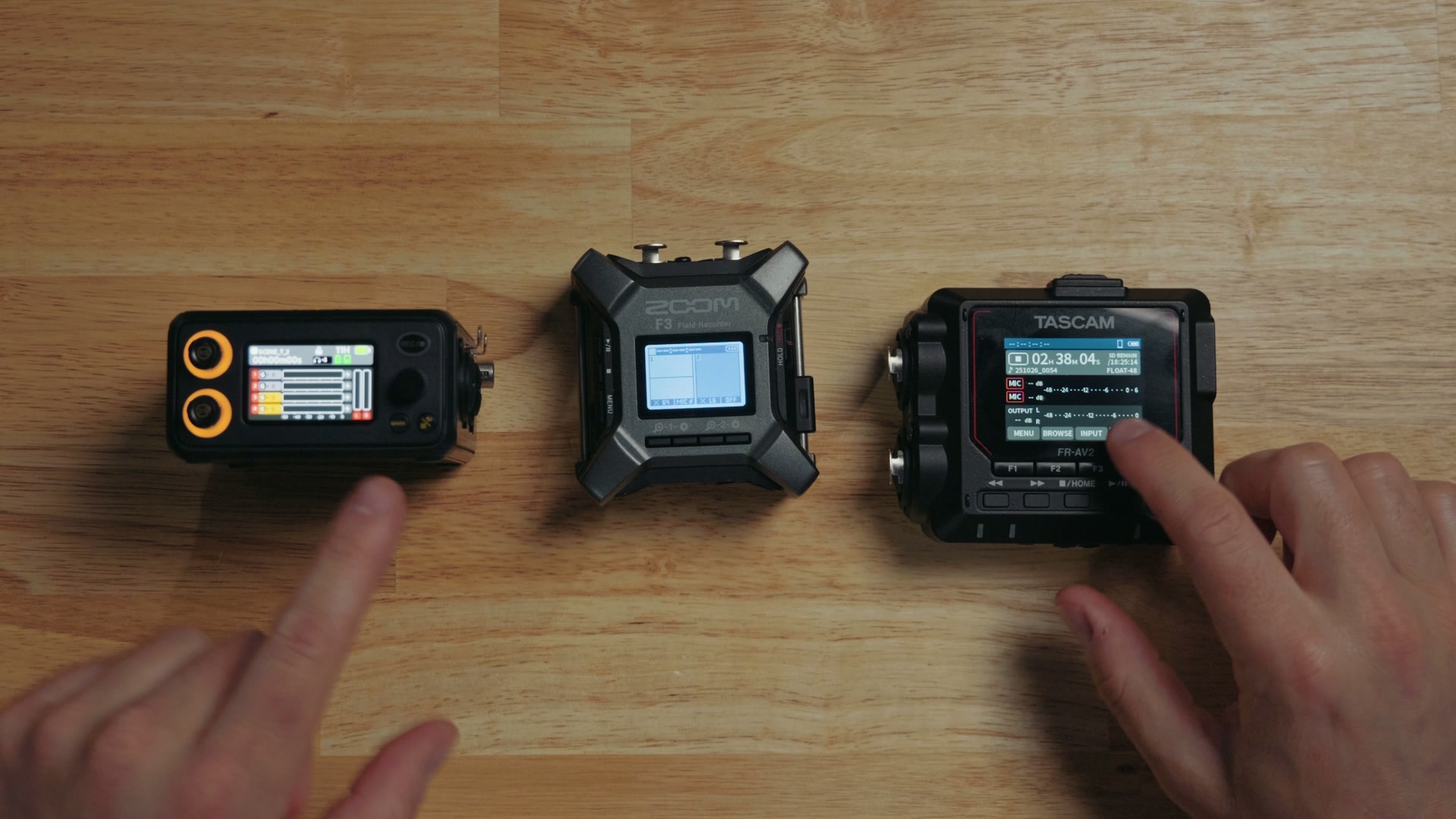 The Deity PR-4, Zoom F3 and Tascam FR-AV2 audio recorders lined up side by side for size comparison