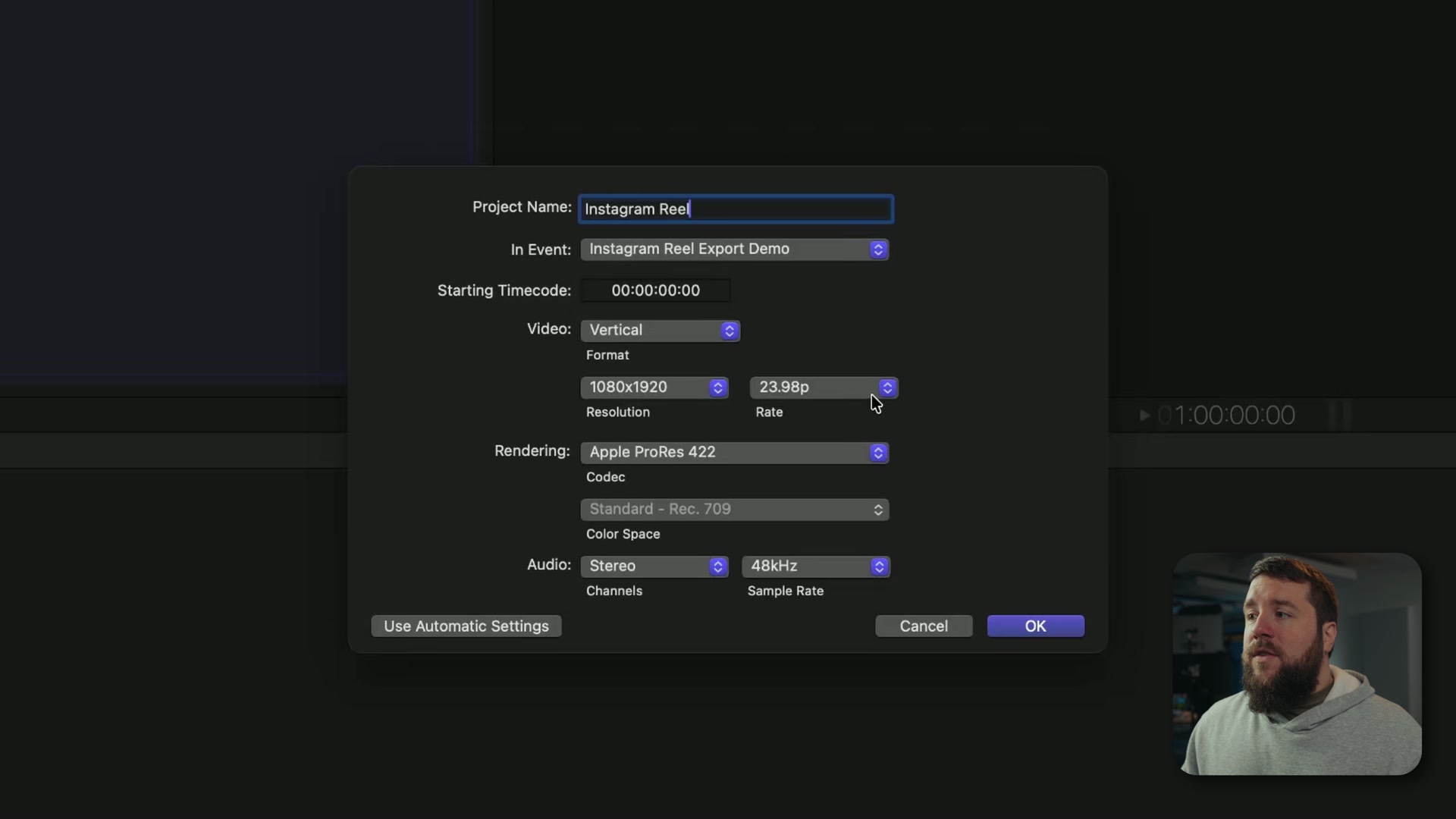 Final Cut Pro custom project settings window set to Vertical at 1080 by 1920