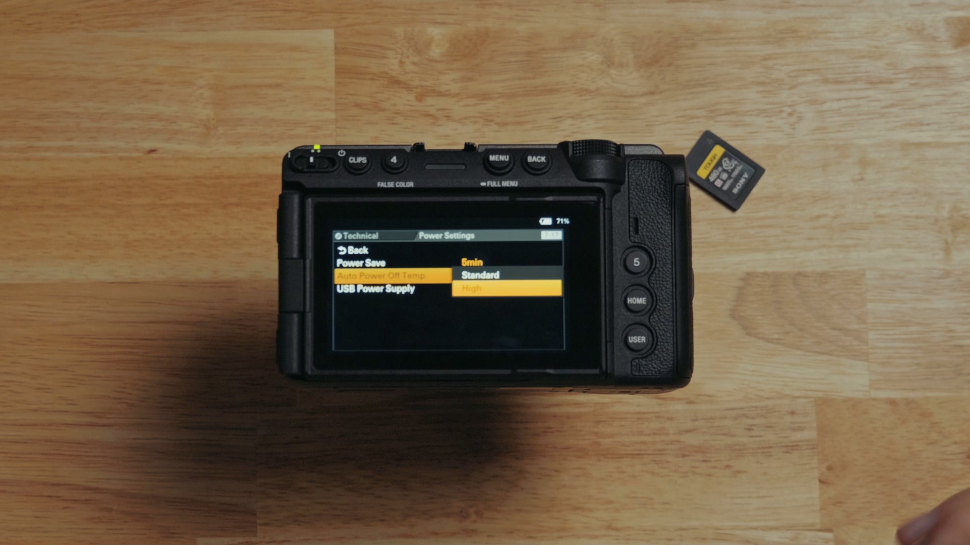 The Sony FX5 menu showing the Overheat Protection setting turned to High