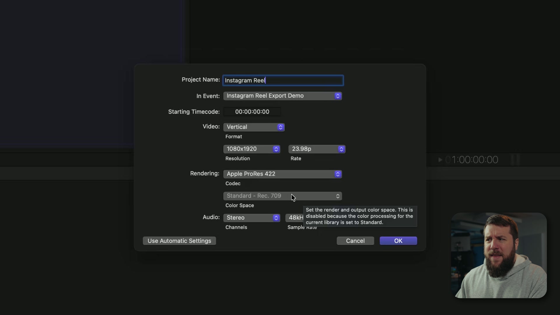 Project settings showing Apple ProRes 422 rendering codec and Standard Rec. 709 color space