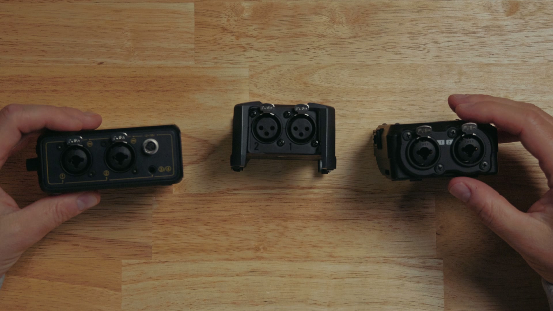 Close up of the input jacks showing XLR only on the Zoom F3 versus combo XLR and quarter inch inputs on the Tascam FR-AV2 and Deity PR-4