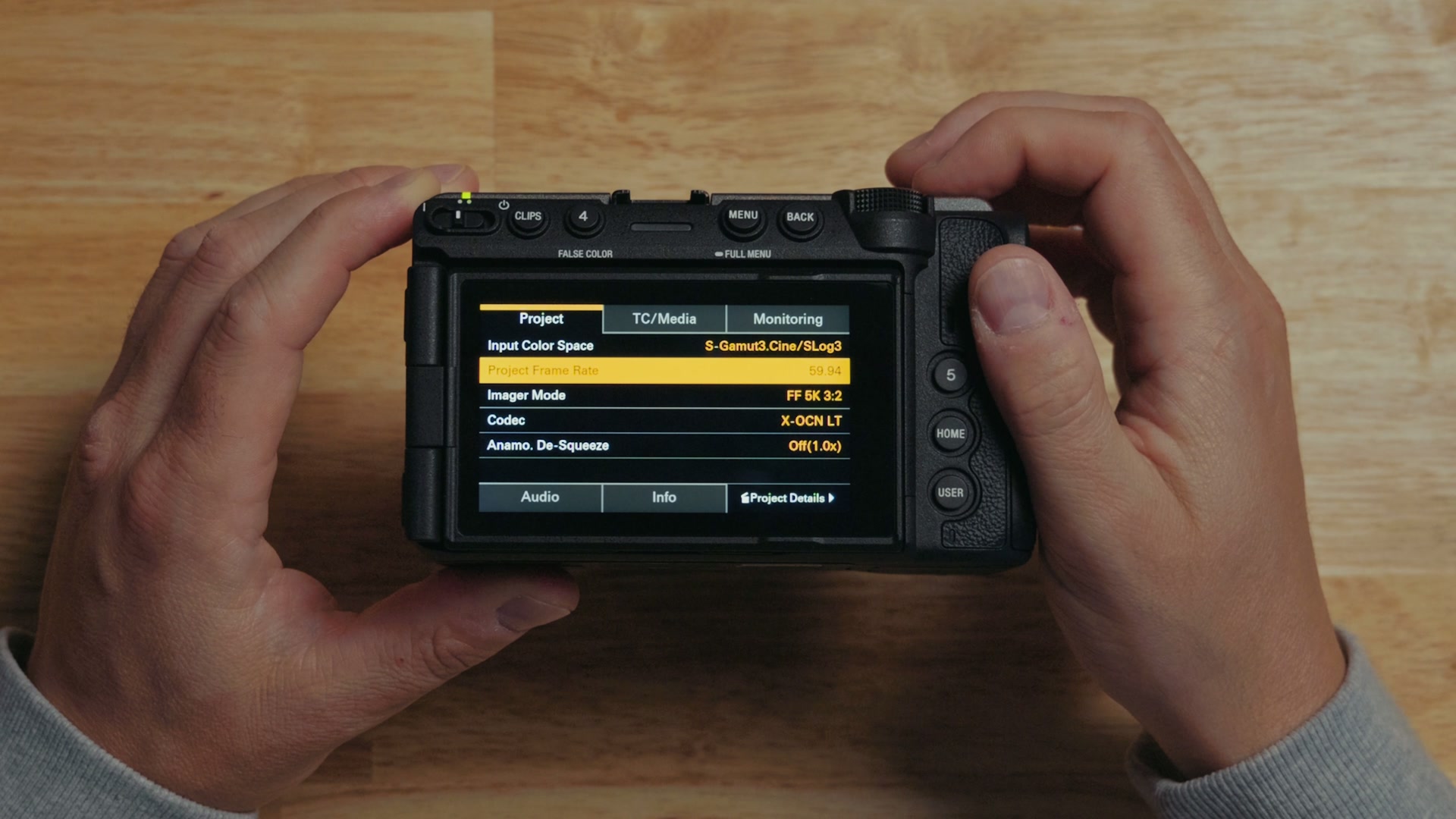 The Sony FX5 record settings menu showing 5K open gate X-OCN LT RAW at 60 frames per second