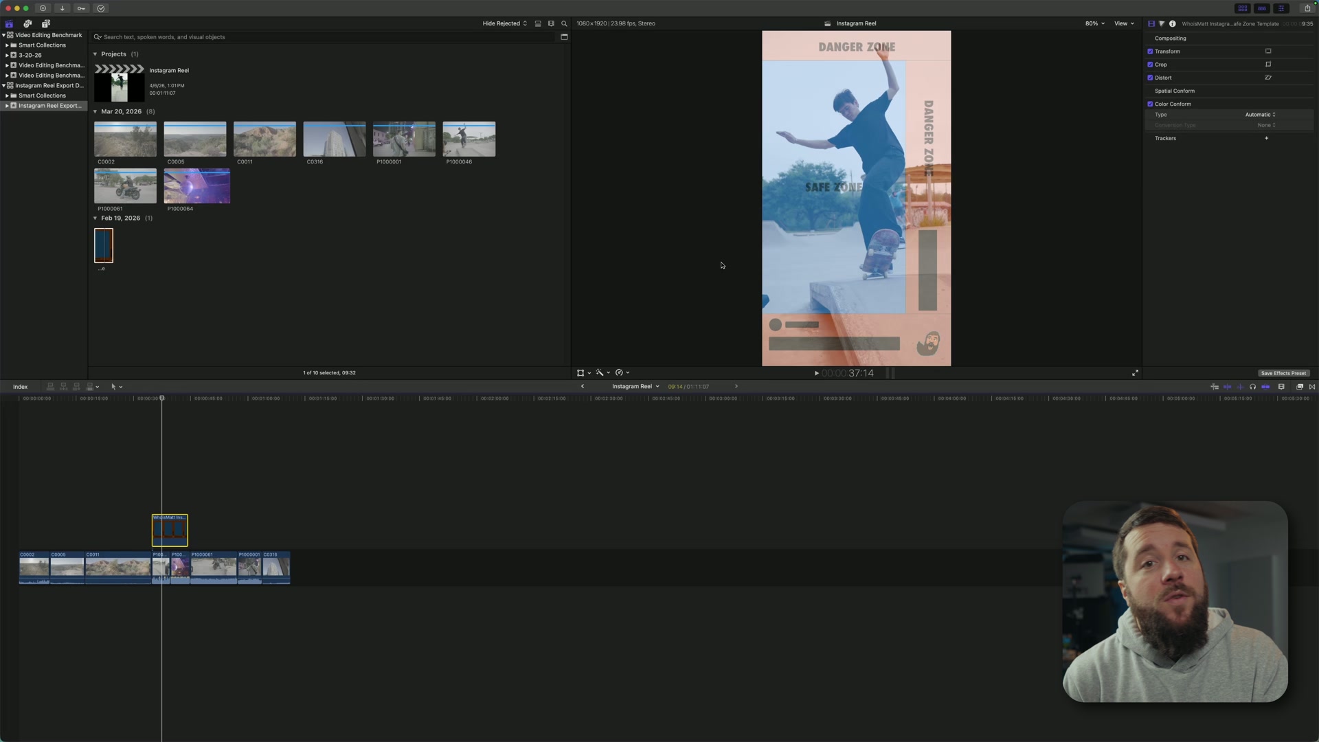 Free safe zone overlay graphic on a vertical timeline in Final Cut Pro showing Instagram's safe areas