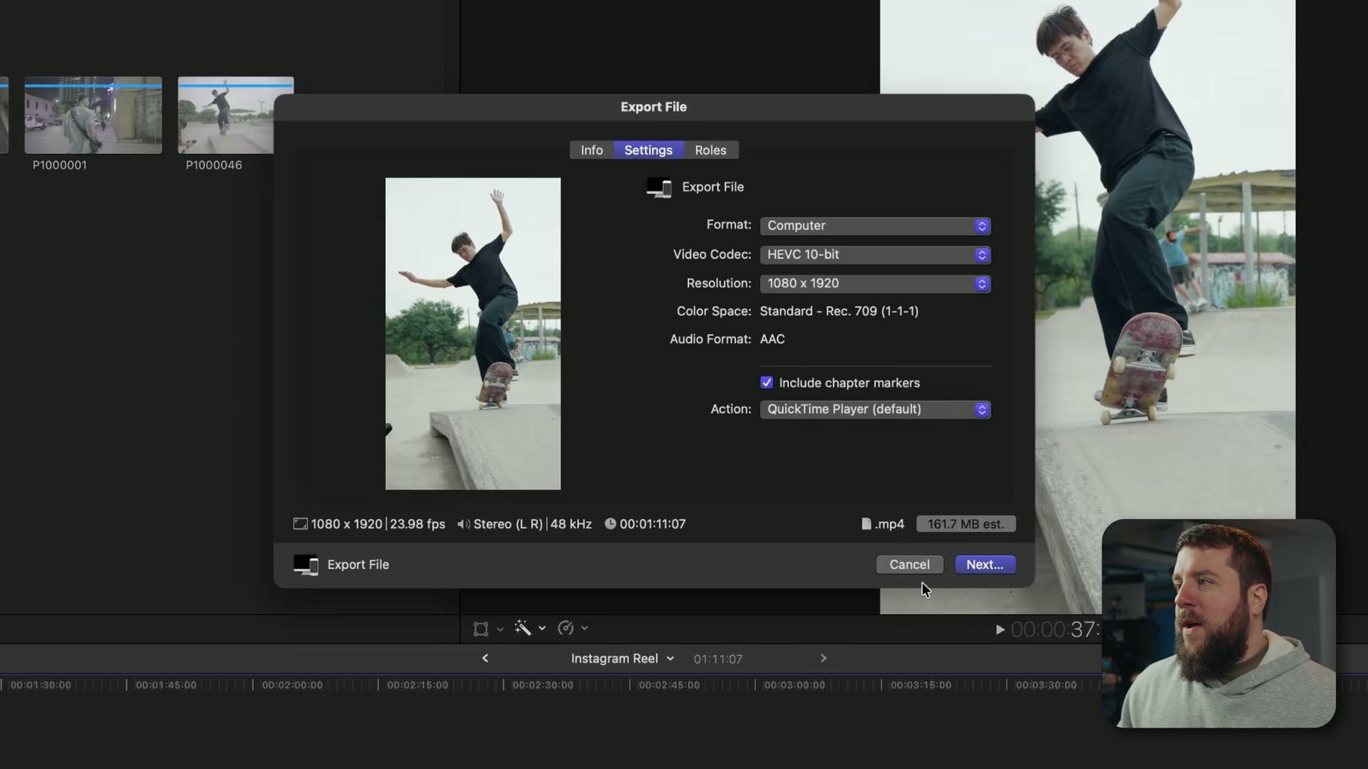 Final Cut Pro export settings showing Computer format, HEVC 10-bit codec, and 1080 by 1920 resolution