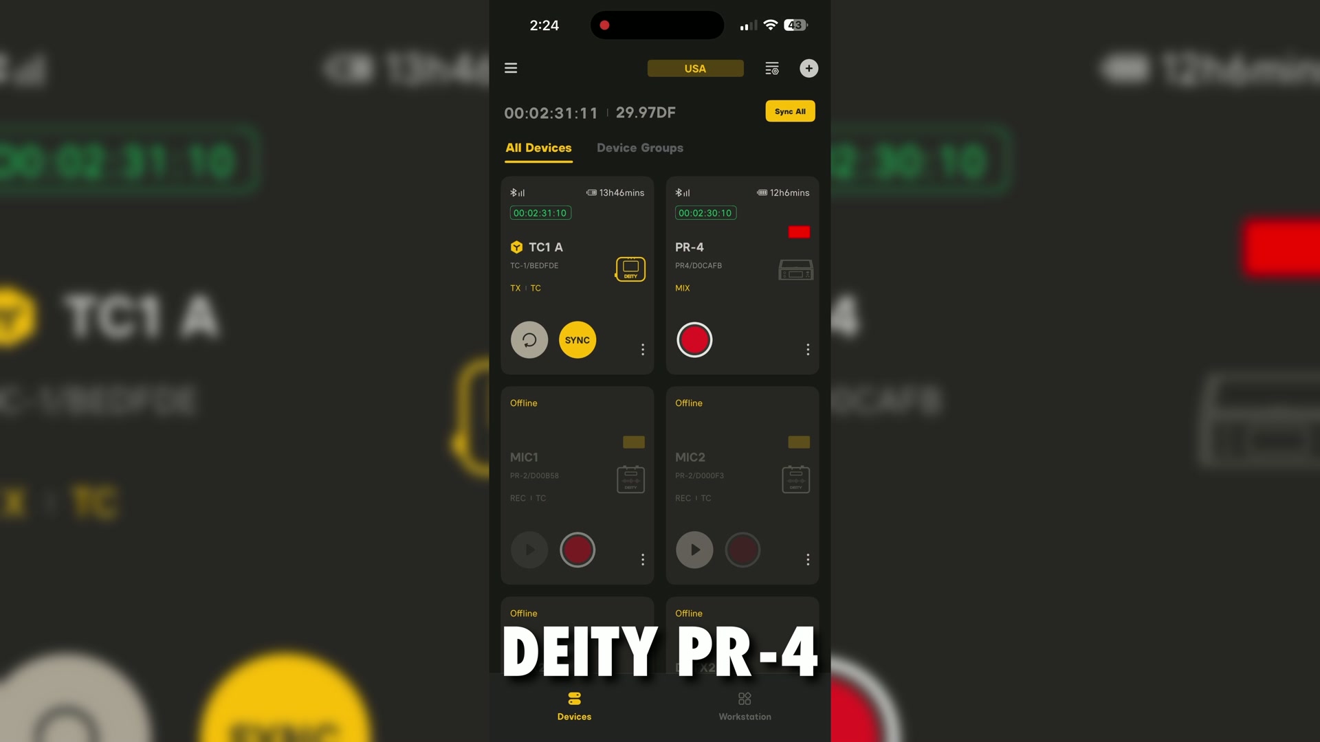 The Deity Sidus Audio smartphone app showing the connected recorder controls