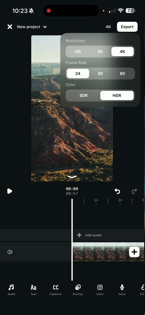Instagram Edits app export settings set to 4K resolution at 24 frames per second