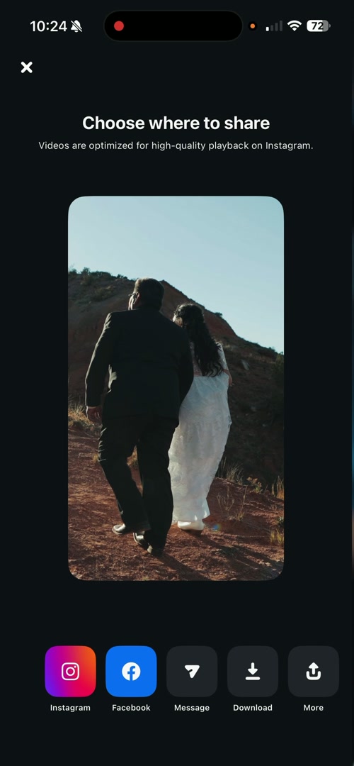 Edits app export screen with the Instagram share button in the bottom left