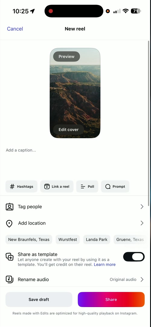 Instagram post screen showing a notice that Reels made with Edits are optimized for high-quality playback