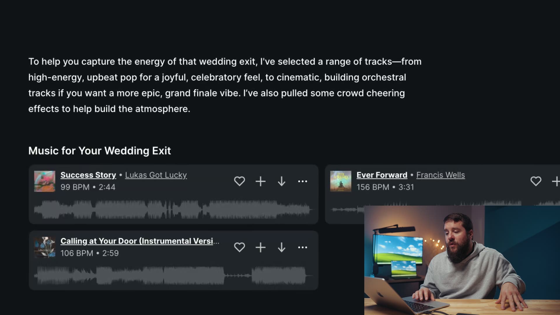 Search results showing a list of suggested music tracks and crowd cheering sound effects for a wedding exit