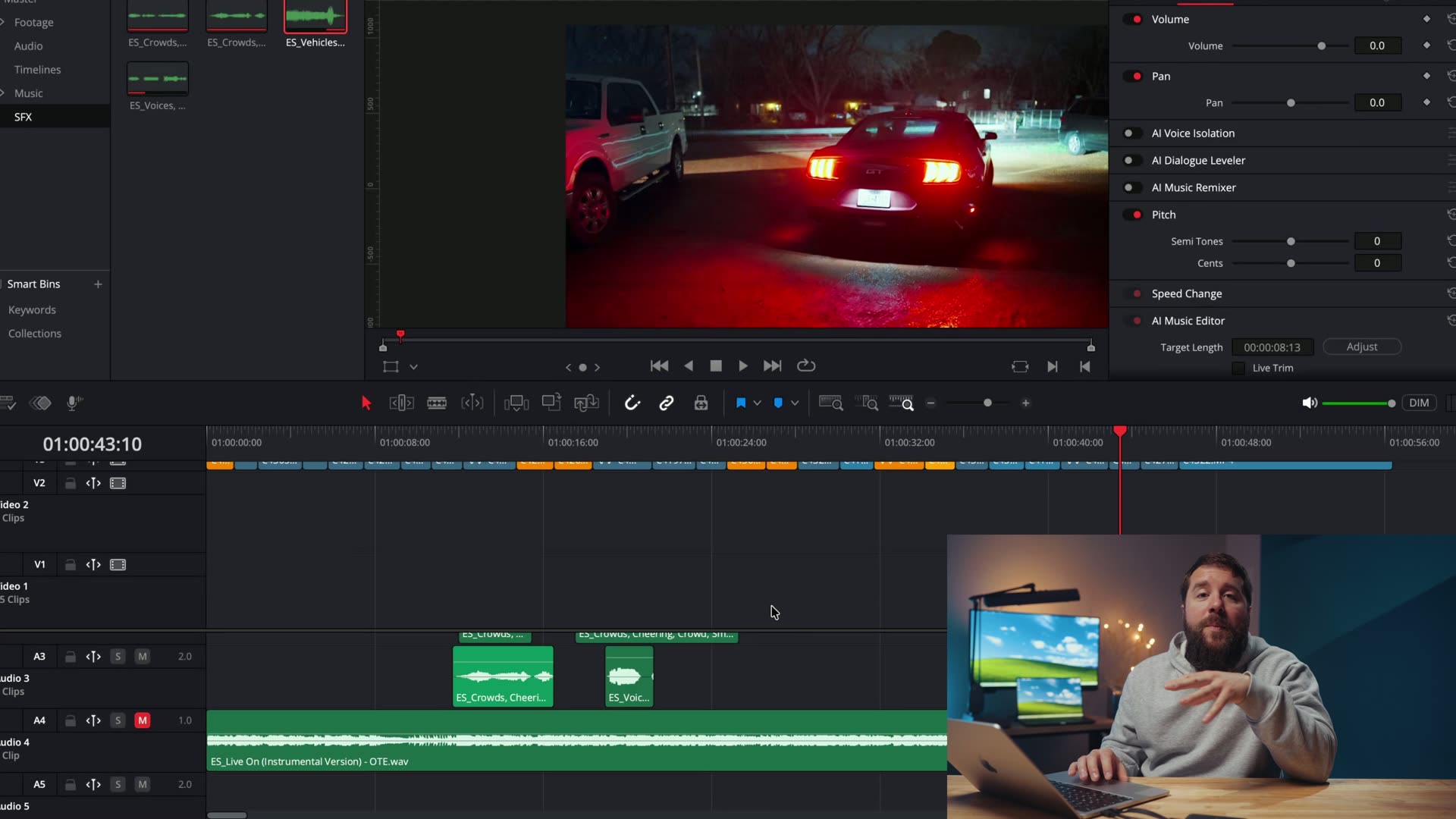 A finished editing timeline showing the full stack of audio layers including music, camera audio, crowd effects and the car sound