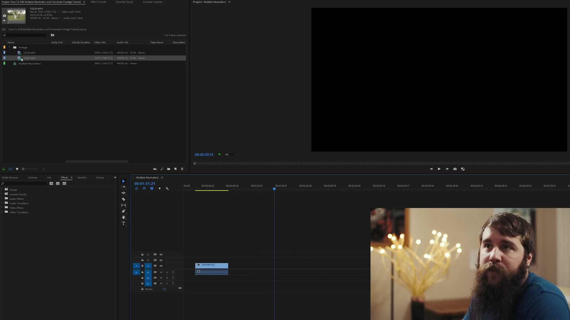 Program monitor appears black with the unscaled 1080p clip loaded into the 4K sequence timeline below