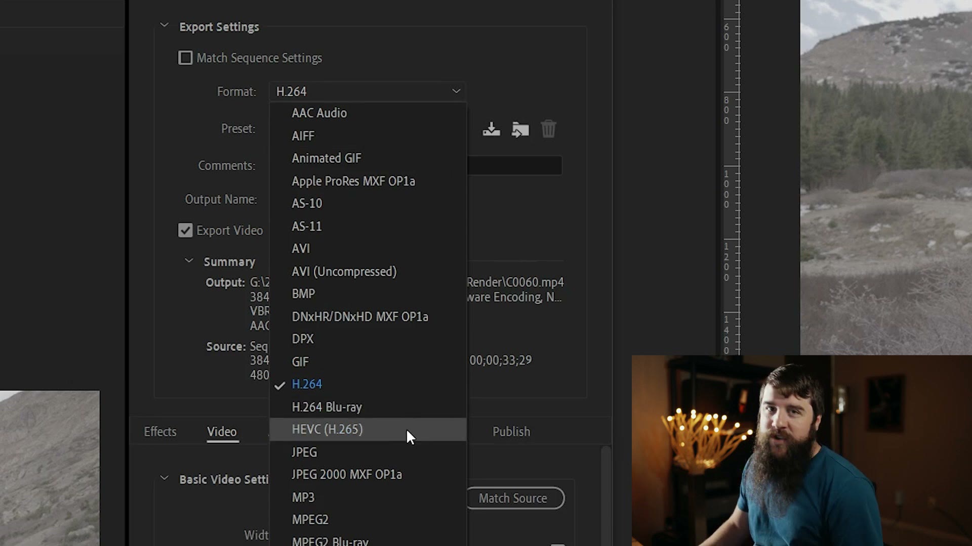 The Premiere Pro export Format dropdown open with HEVC (H.265) highlighted below H.264.