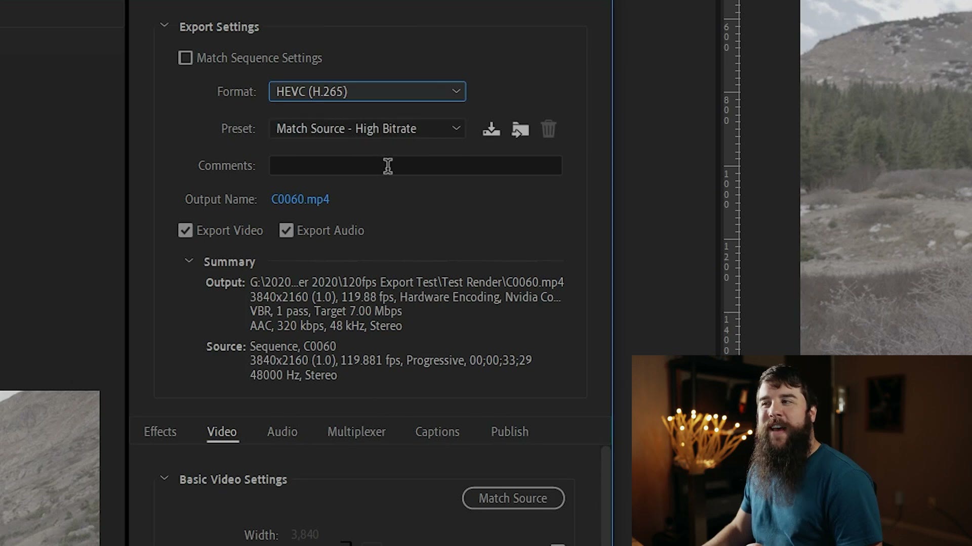 Premiere Pro export settings with format HEVC (H.265) and Match Source High Bitrate, the summary reading 3840x2160, 119.88 fps.