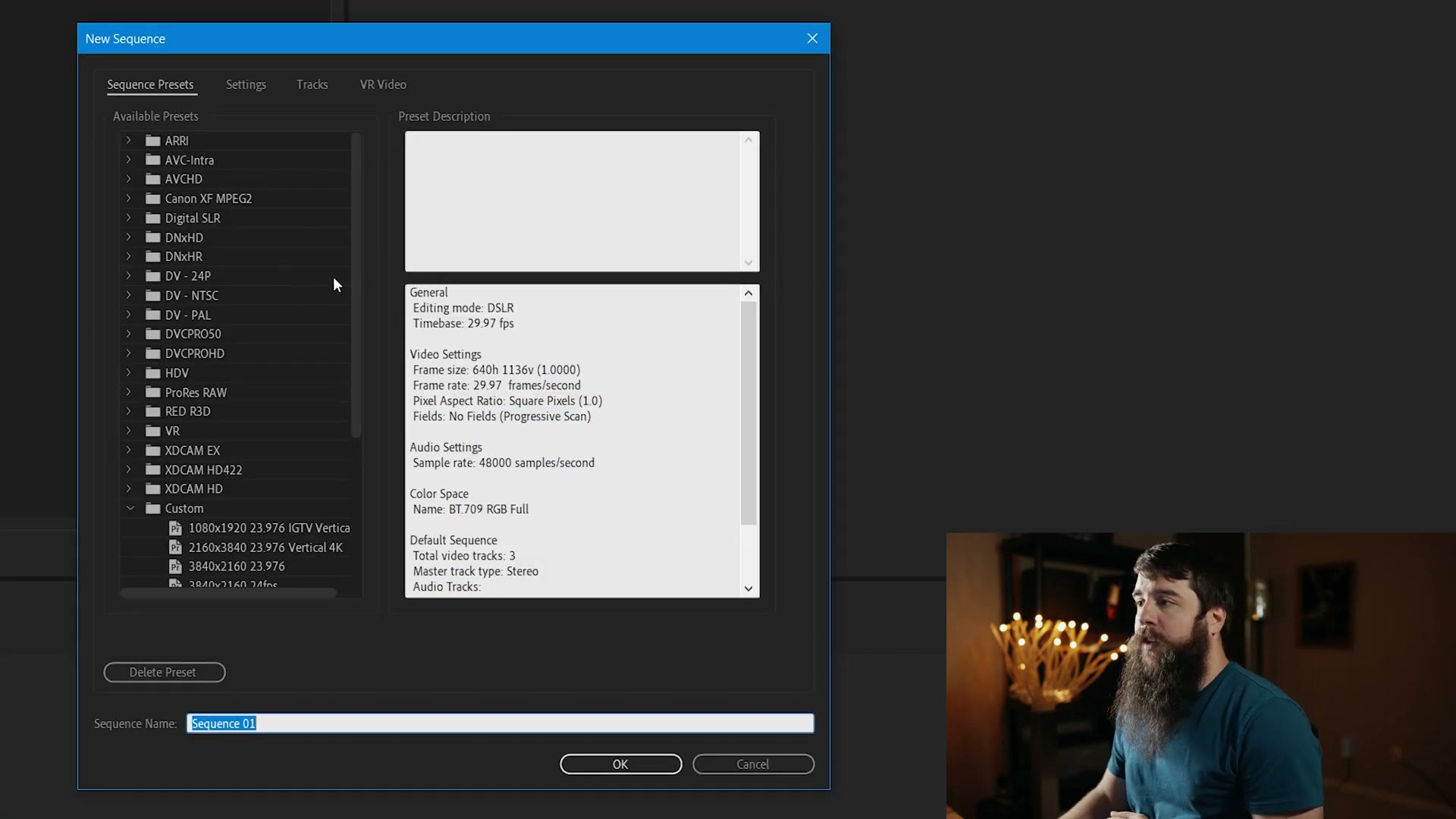 The Adobe Premiere Pro New Sequence dialog with the list of available sequence presets and a preset description panel.