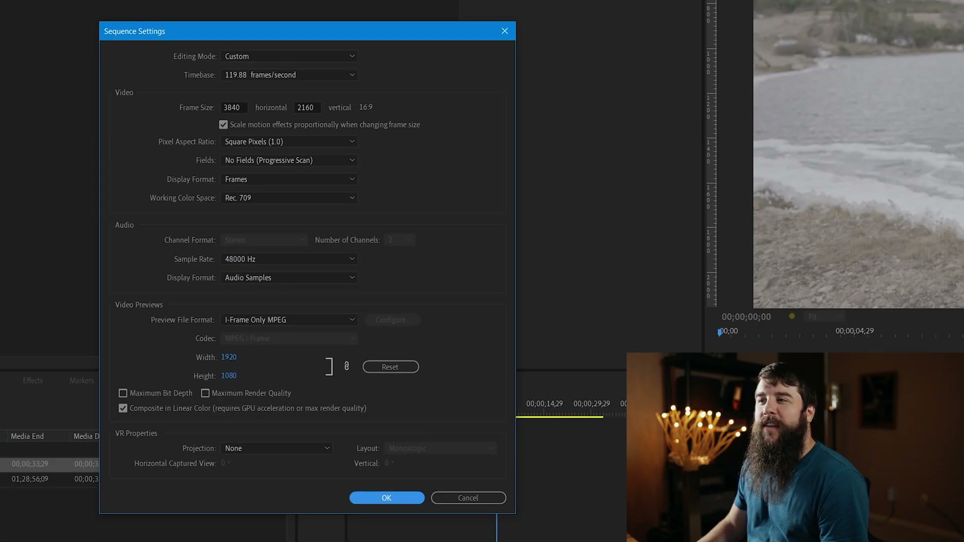 The Premiere Pro Sequence Settings dialog showing Editing Mode Custom and Timebase 119.88 frames per second at a frame size of 3840 by 2160.