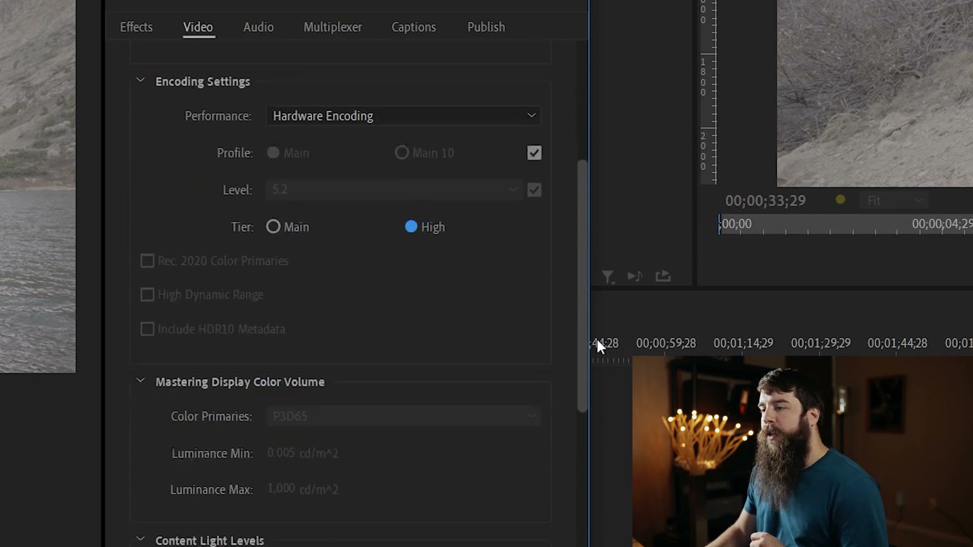 The Encoding Settings section of Premiere Pro's export dialog with Tier switched from Main to High.