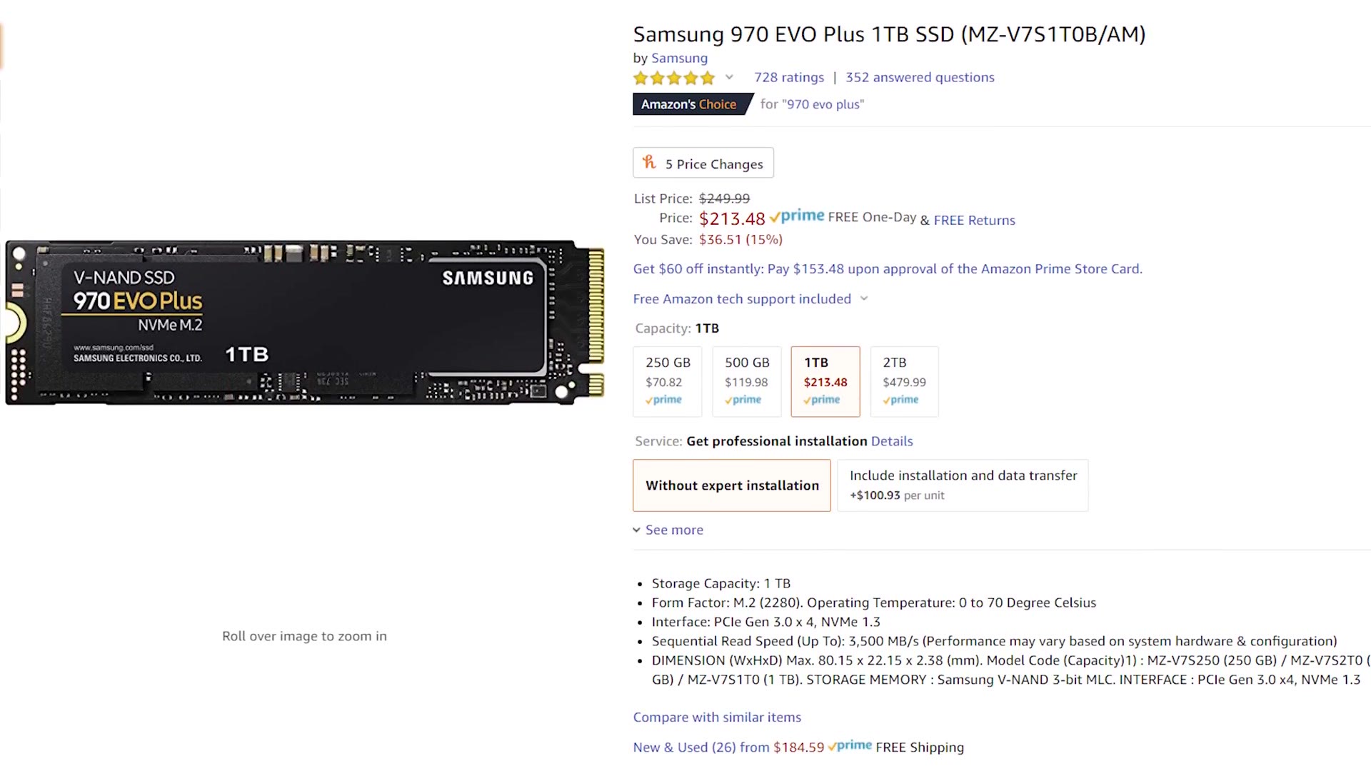 An Amazon listing for the Samsung 970 EVO Plus NVMe SSD showing capacity options priced at $70.82 for 250GB, $119.98 for 500GB, $213.48 for 1TB and $479.99 for 2TB