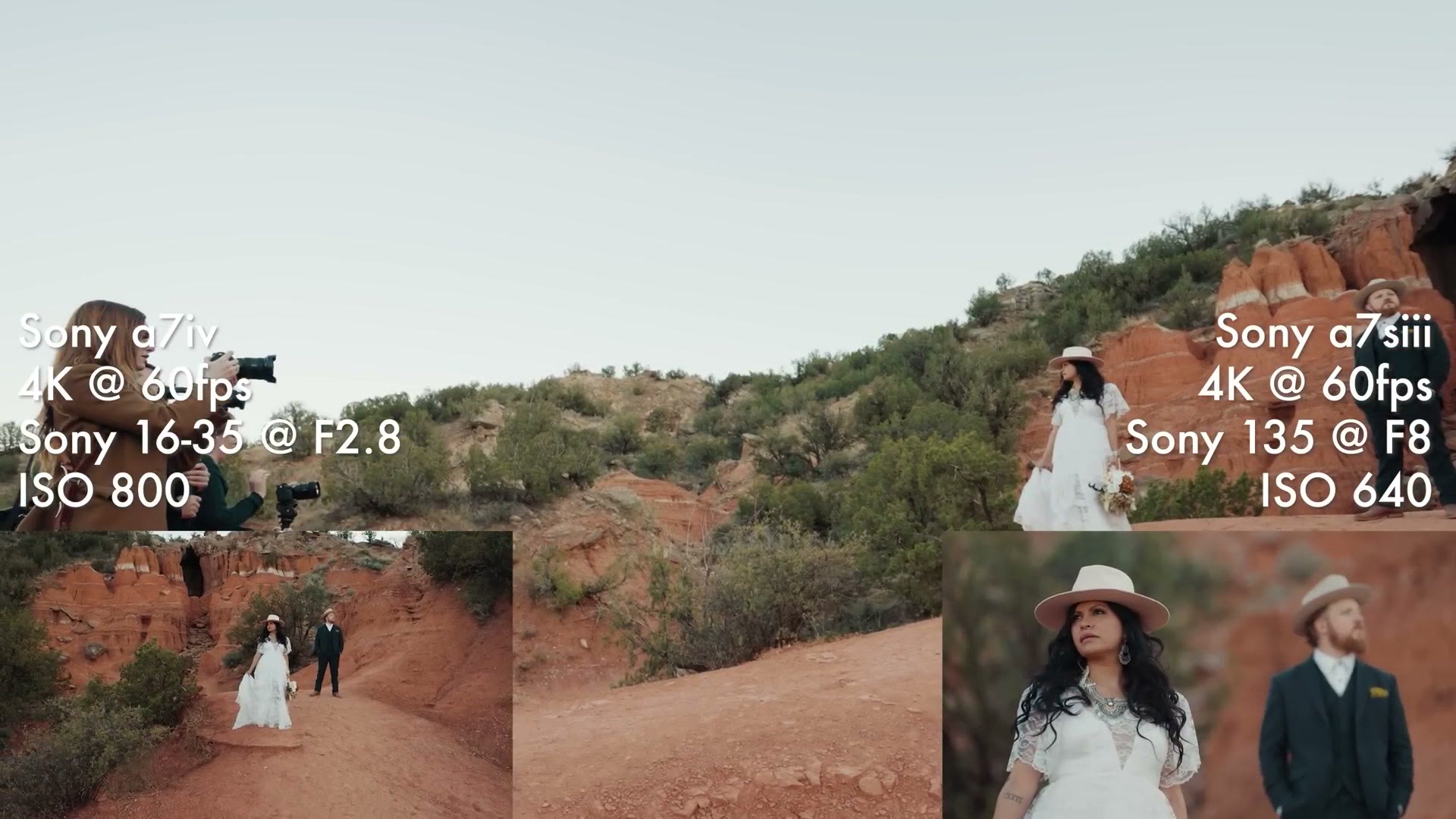 Split screen comparing a 16-35mm at f/2.8 with the Sony 135mm at f/8 on a couple in a canyon