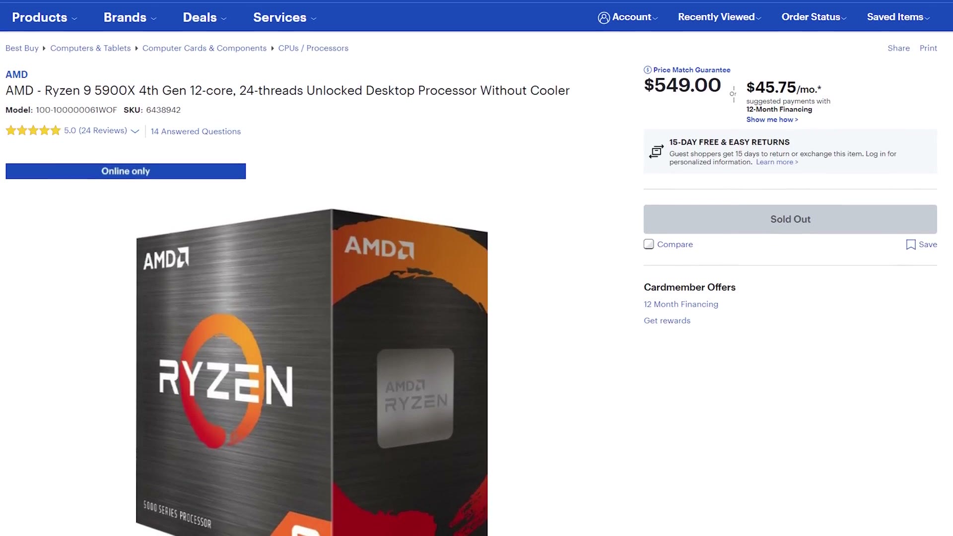 A Best Buy listing for the AMD Ryzen 9 5900X 12-core, 24-thread processor at $549.00, marked Sold Out