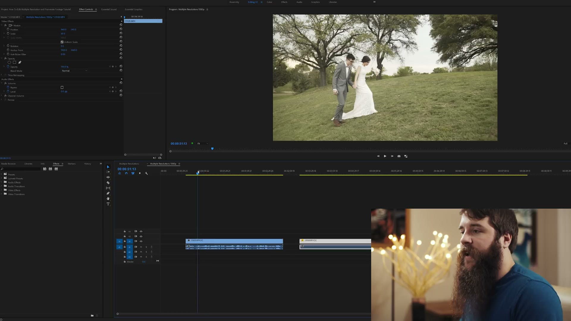 Program monitor showing the 4K clip downscaled to fill the 1080p timeline edge to edge, Effect Controls panel open on the left