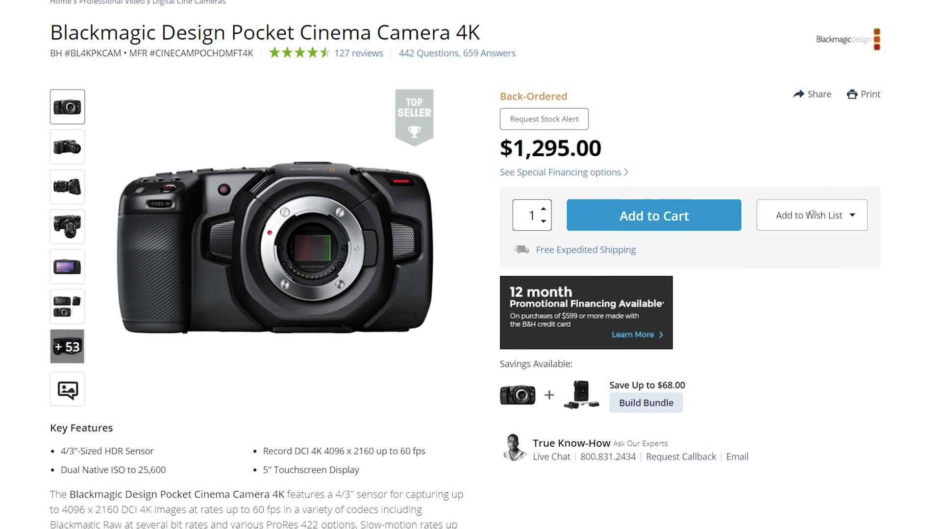 B and H product page for the Blackmagic Design Pocket Cinema Camera 4K showing a price of $1,295