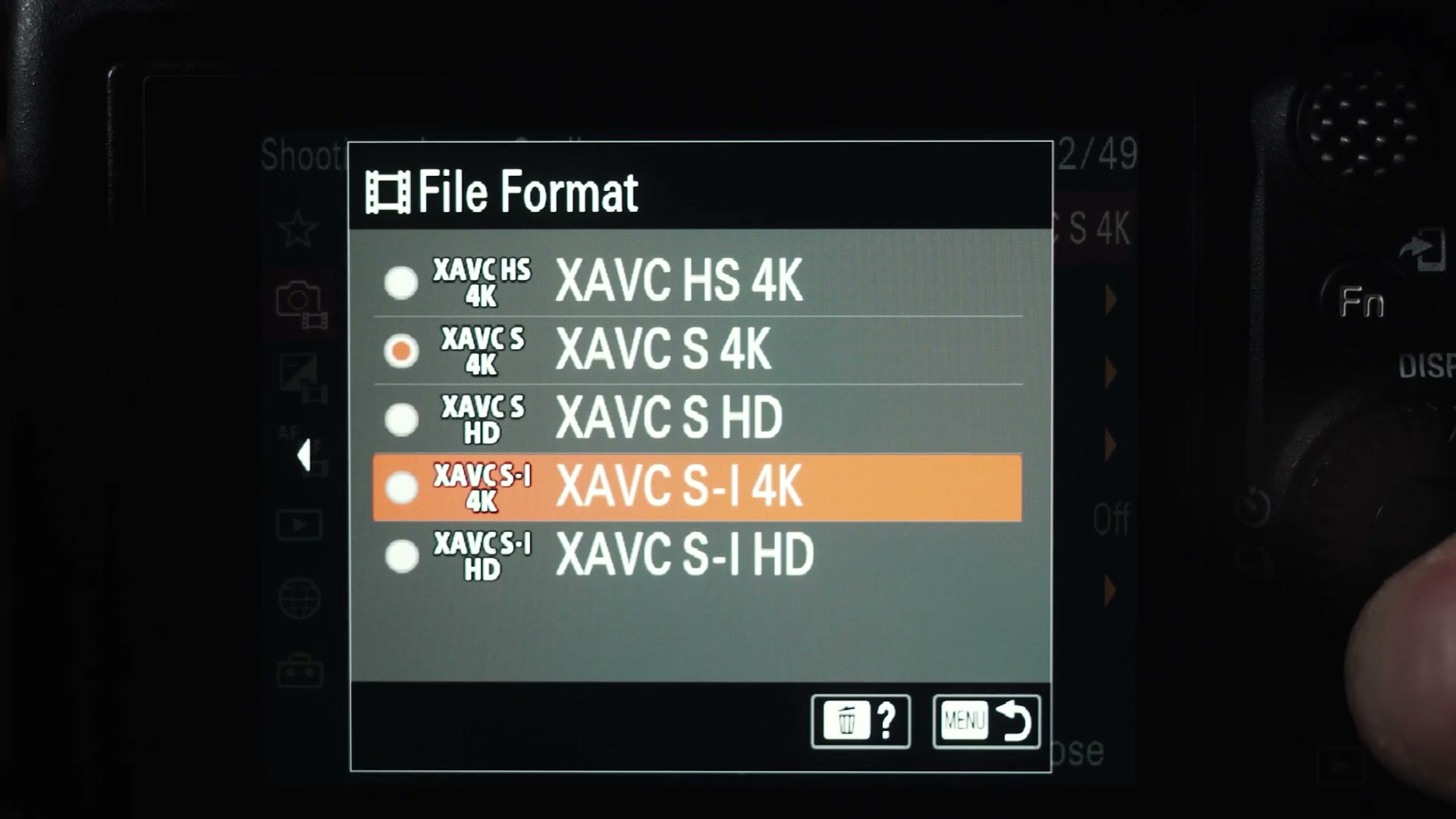 Sony a7 IV file format menu showing XAVC S-I 4K selected