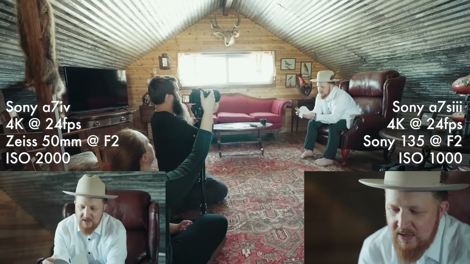 Split screen comparing Sony a7 IV footage on the left with Sony a7S III footage on the right