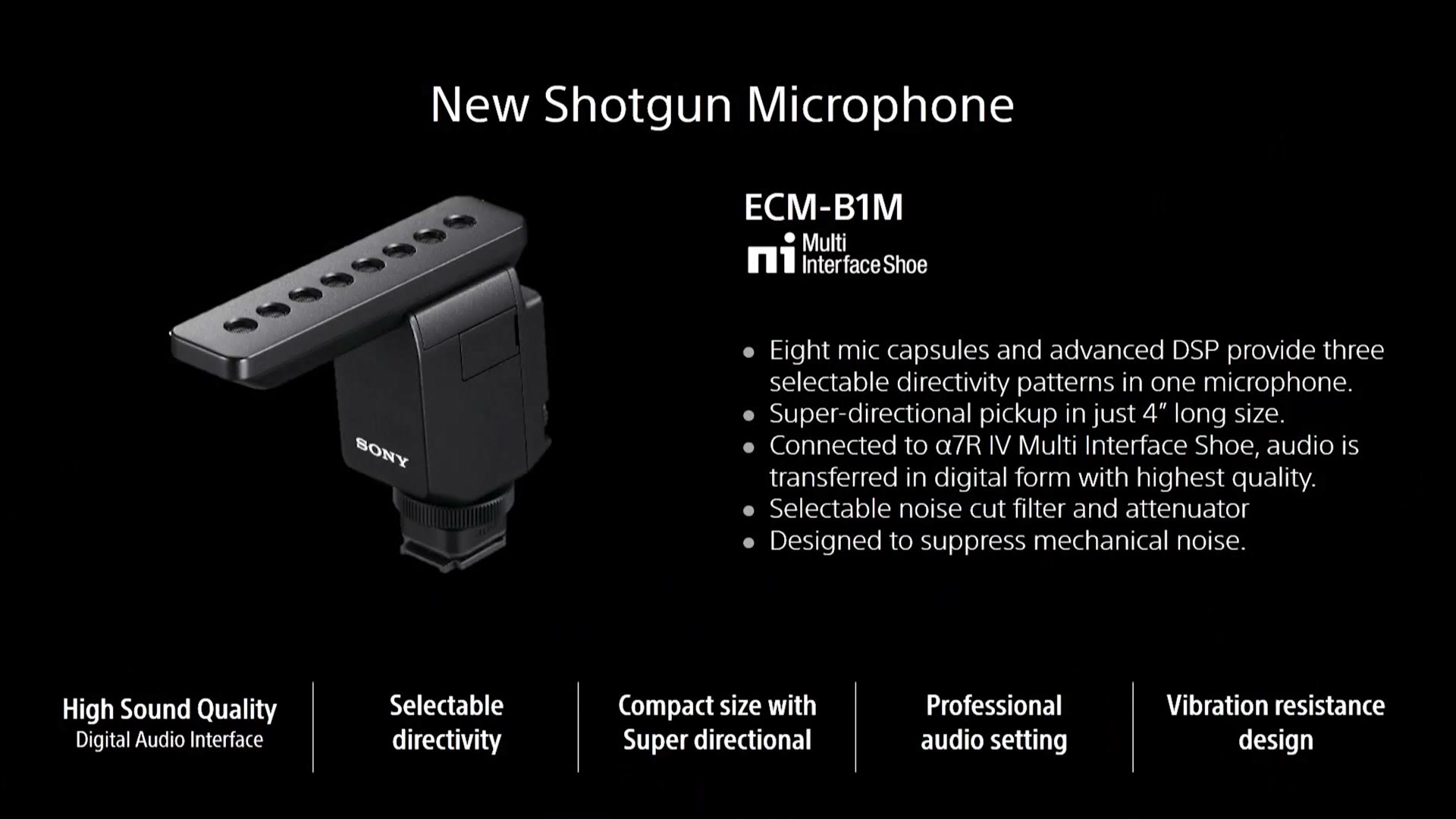 Sony slide for the ECM-B1M shotgun microphone listing eight mic capsules, three directivity patterns and a digital connection through the Multi Interface Shoe