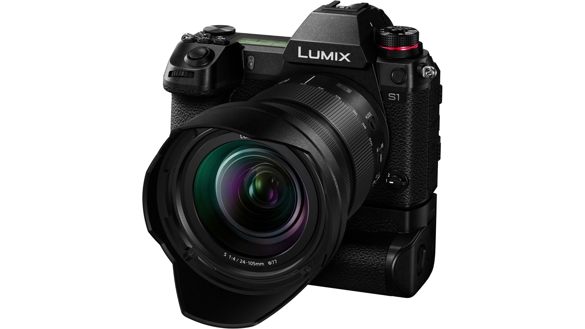 Panasonic Lumix S1 product render with a 24-105mm lens and battery grip