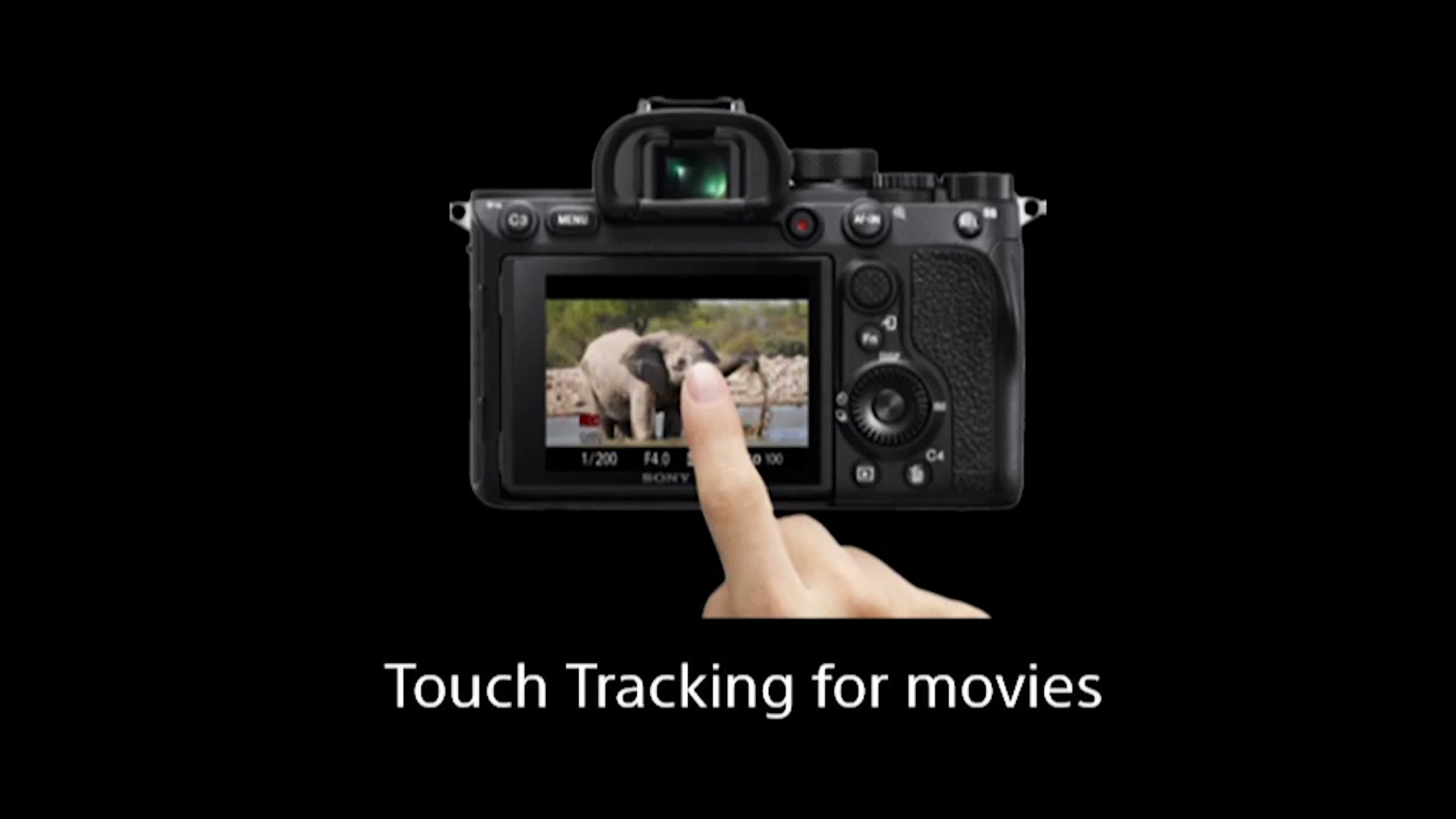 Sony slide showing the back of the a7R IV with a finger on the touchscreen, captioned Touch Tracking for movies