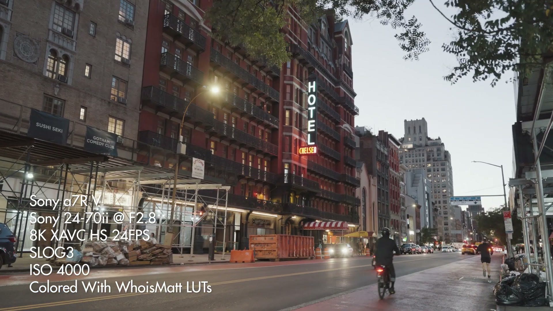 A walking shot labeled 4K XAVC HS 24FPS, S-Log3, ISO 4000