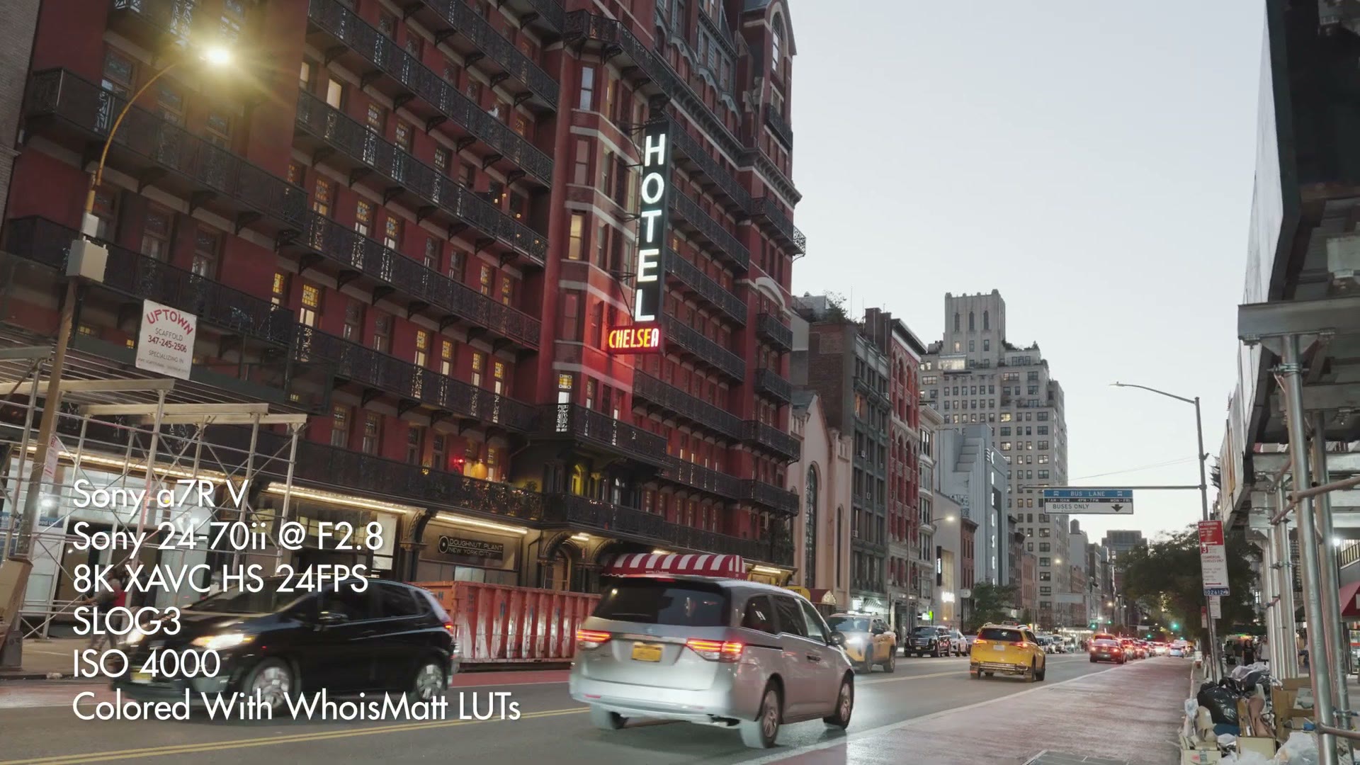 A walking shot down a New York street labeled 8K XAVC HS 24FPS, S-Log3, ISO 4000