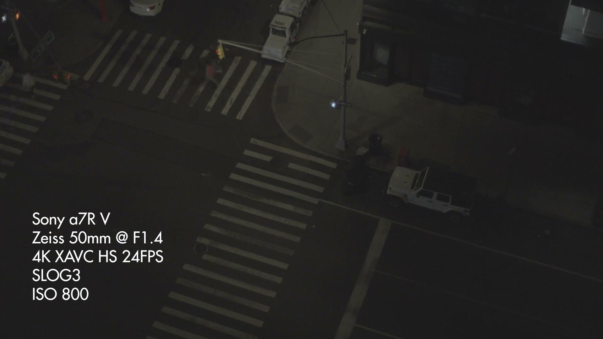A New York City intersection at night filmed on the Sony a7R V at ISO 800