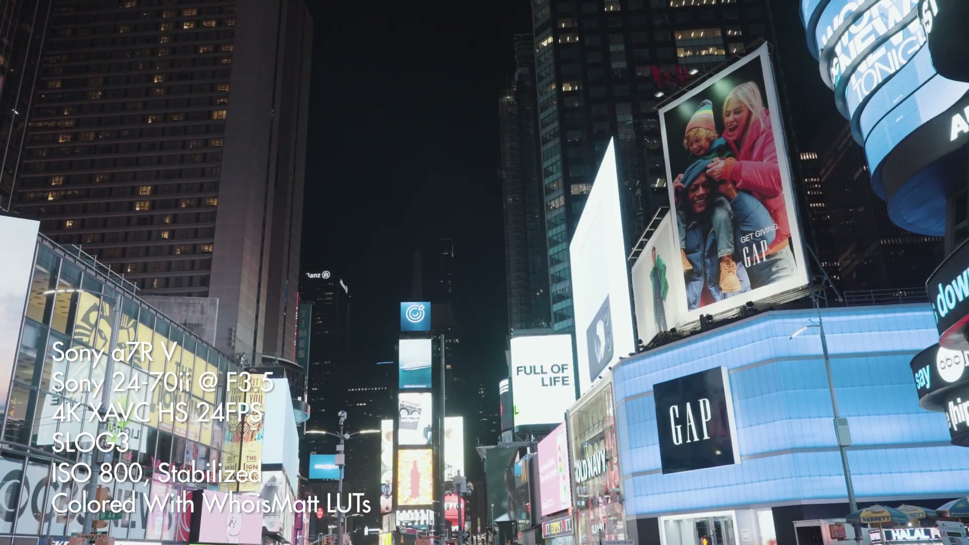 Times Square at night filmed handheld on the a7R V