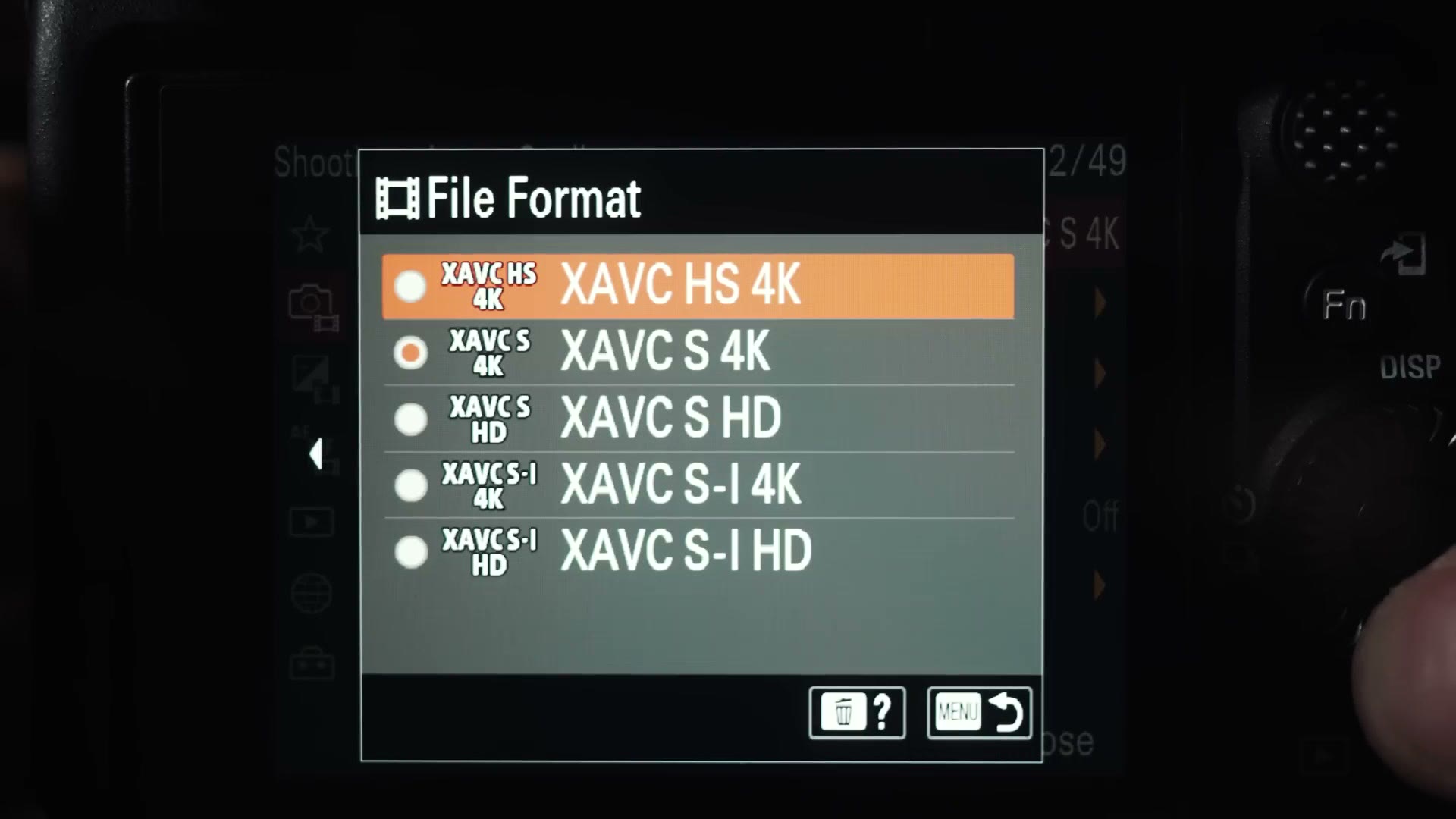 The Sony a7S III File Format menu showing all five options: XAVC HS 4K, XAVC S 4K, XAVC S HD, XAVC S-I 4K and XAVC S-I HD.