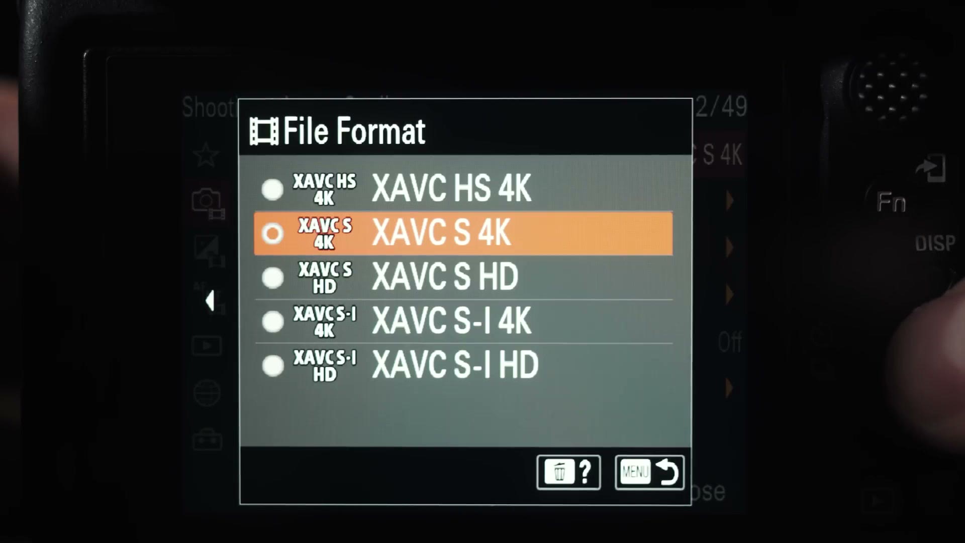 The Sony a7S III File Format menu with XAVC S 4K selected, above XAVC HS 4K, XAVC S HD, XAVC S-I 4K and XAVC S-I HD.