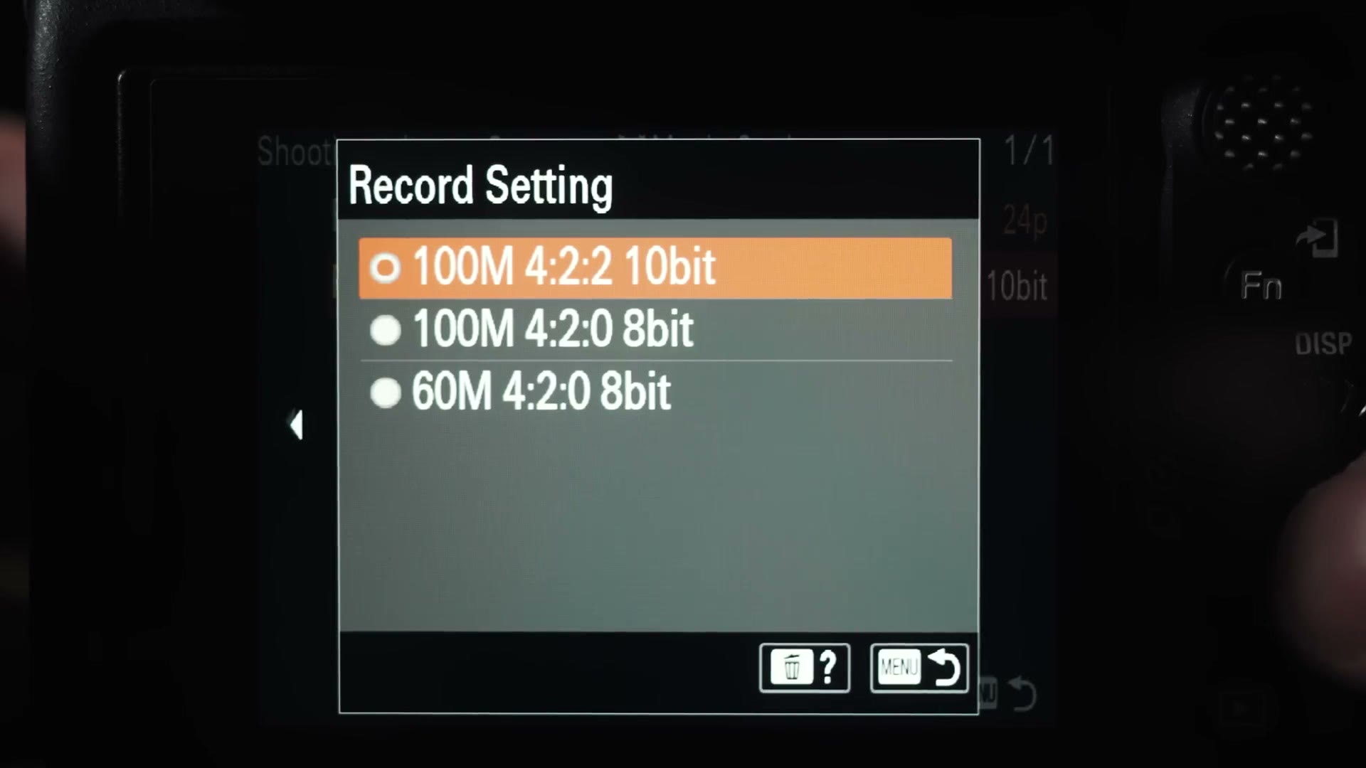 The Sony a7S III Record Setting menu with 100M 4:2:2 10bit selected, above 100M 4:2:0 8bit and 60M 4:2:0 8bit.