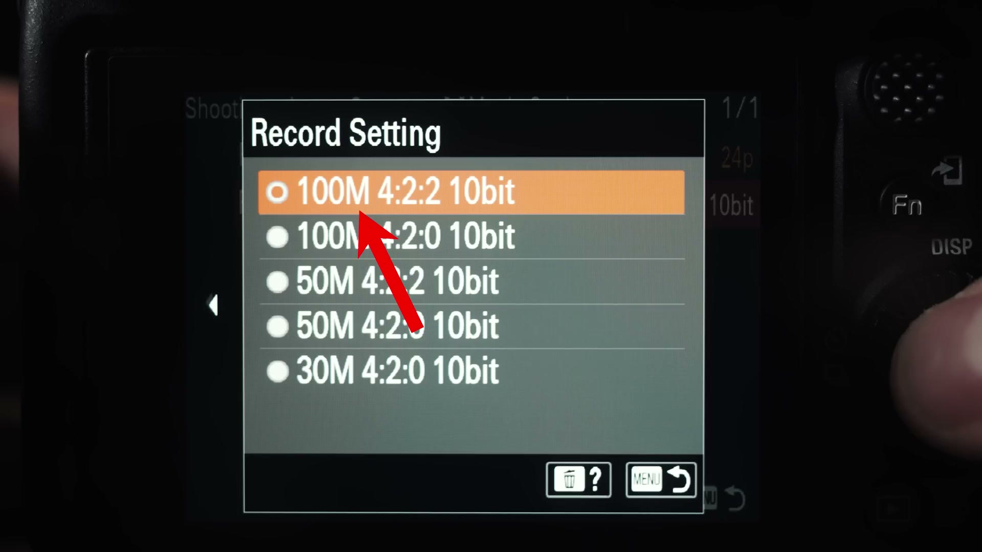 The XAVC HS Record Setting menu with an arrow pointing at 100M 4:2:2 10bit, above 100M 4:2:0 10bit, 50M 4:2:2 10bit, 50M 4:2:0 10bit and 30M 4:2:0 10bit.