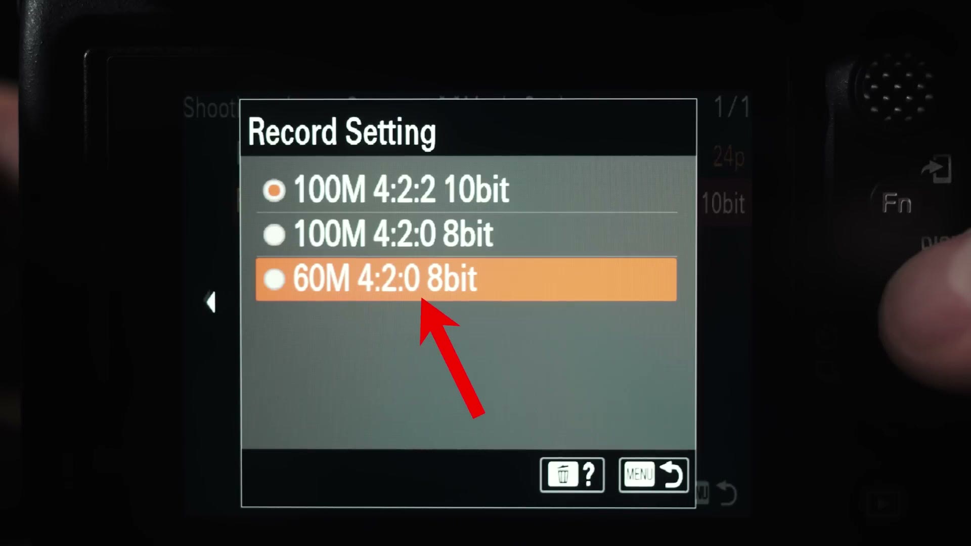 The XAVC S Record Setting menu with an arrow pointing at 60M 4:2:0 8bit.