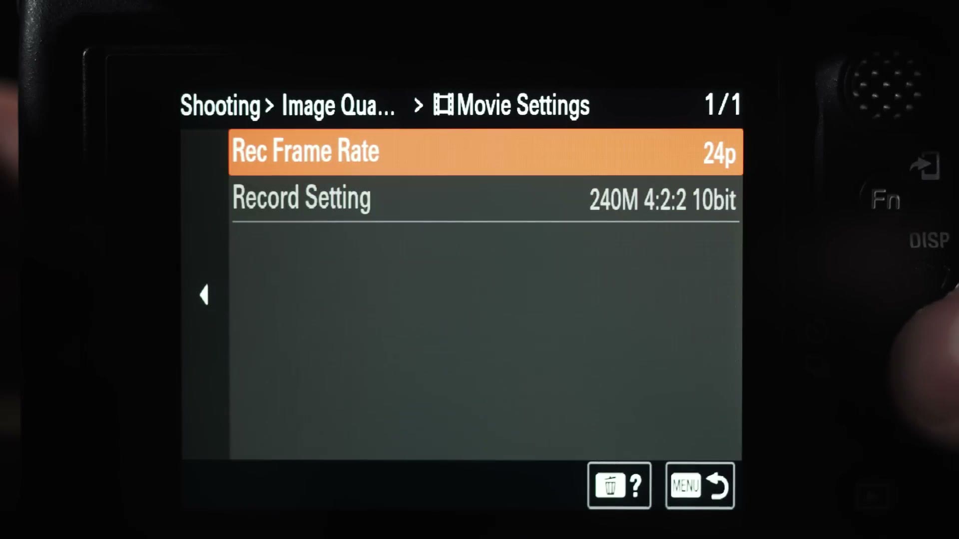 The Sony a7S III Movie Settings menu in XAVC S-I showing Rec Frame Rate 24p and Record Setting 240M 4:2:2 10bit.