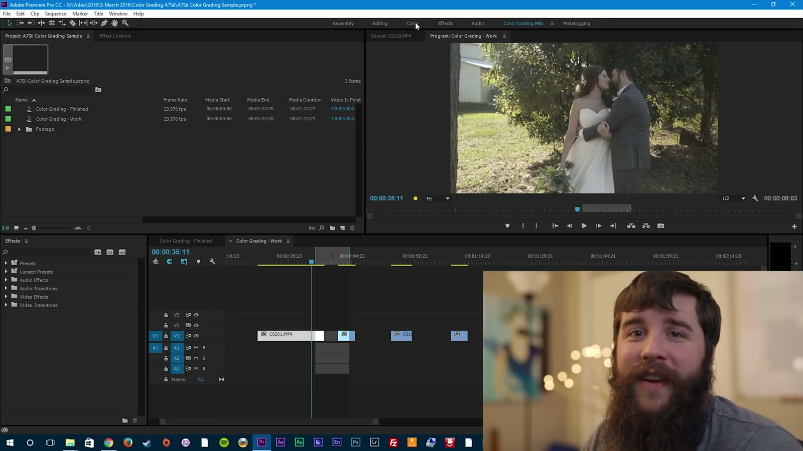 Premiere Pro project panel showing 'Color Grading - Finished' and 'Color Grading - Work' sequences, outdoor couple clip in the monitor