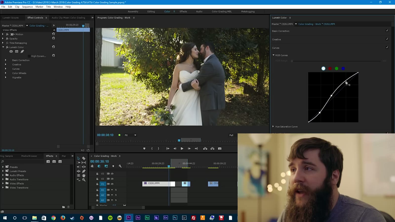 RGB Curves panel now showing an S-curve applied for contrast, same forehead-to-forehead shot of the bride and groom