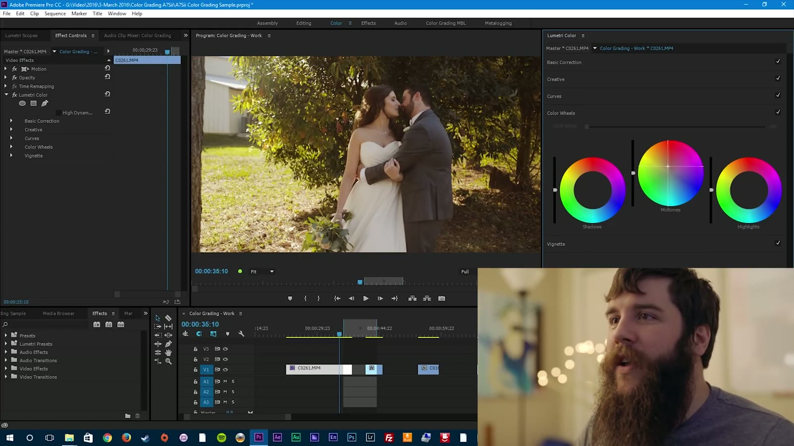 Color Wheels panel expanded showing Shadows, Midtones, and Highlights, over the bouquet embrace clip, Matt talking calmly in the webcam corner
