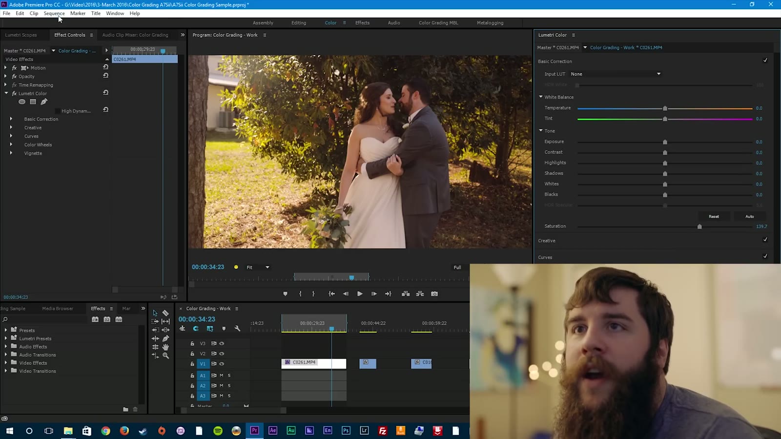 Basic Correction panel expanded with White Balance and Tone sliders, program monitor showing the couple's outdoor embrace near the tree line
