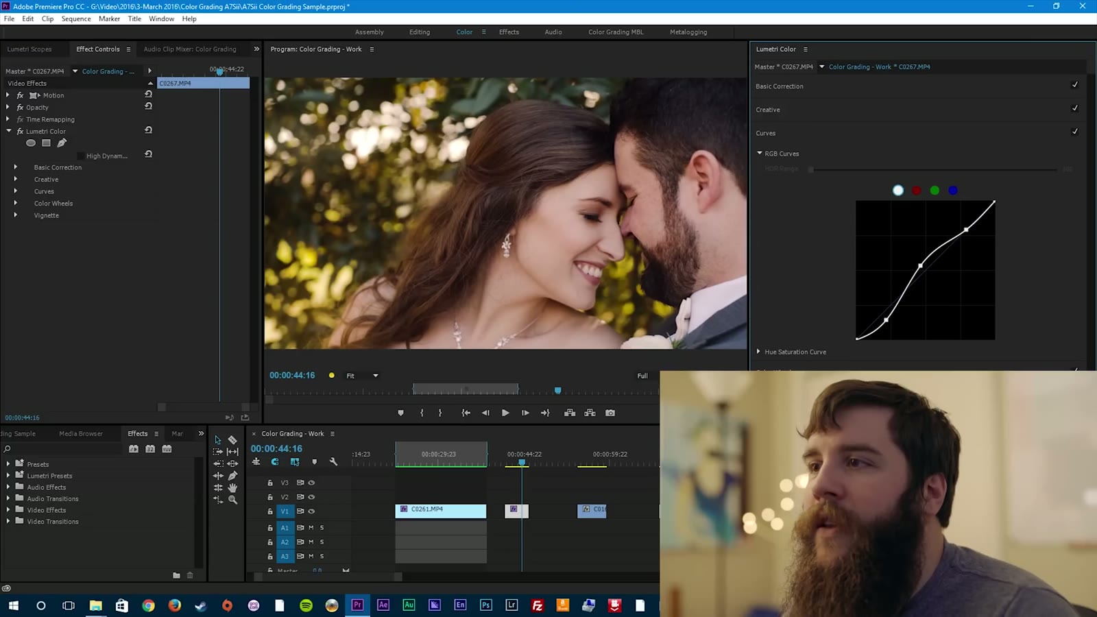 RGB Curves S-curve panel, program monitor showing the bride laughing with her forehead against the groom's in warm sunlight