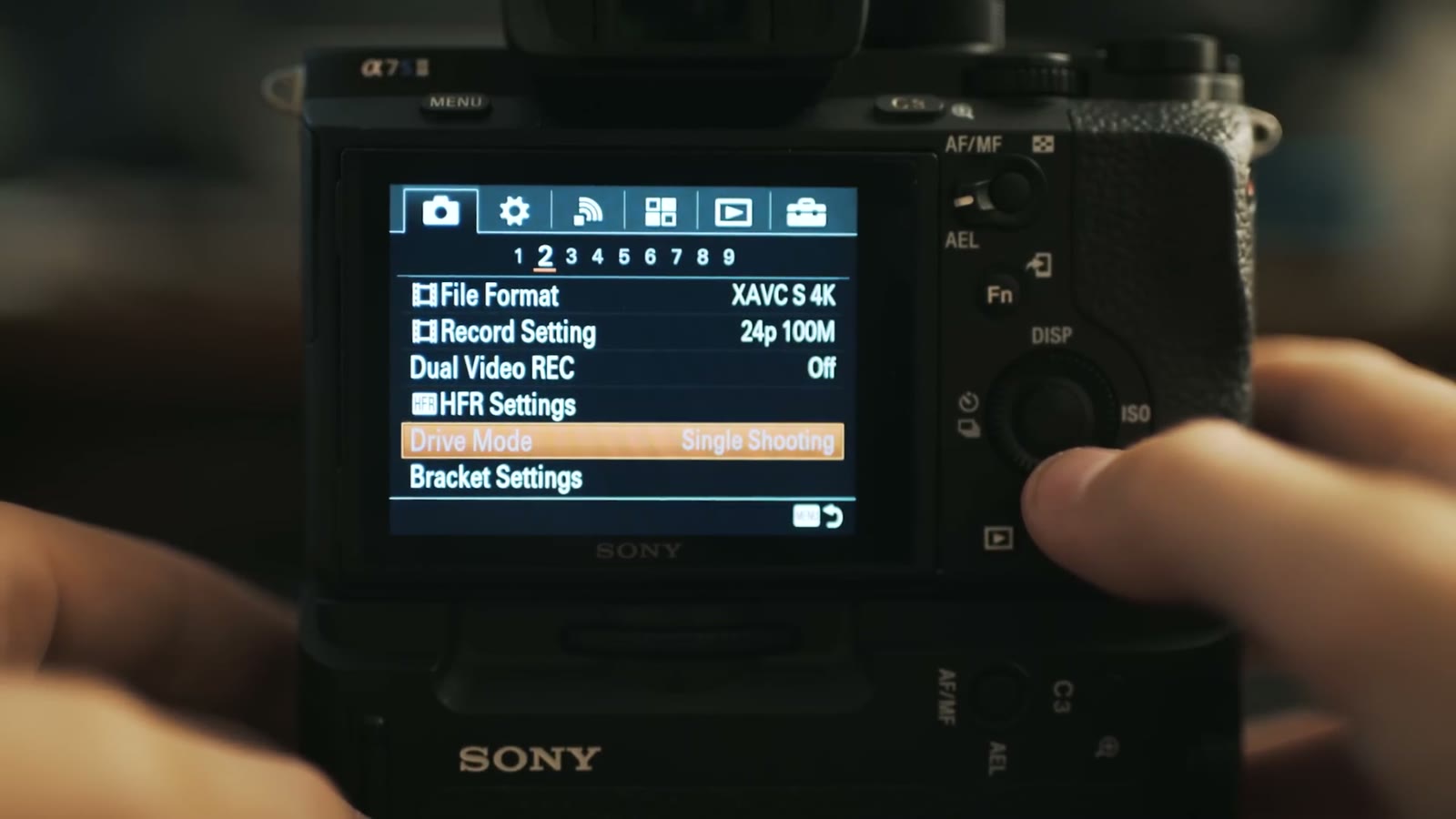 Sony a7S II menu showing File Format set to XAVC S 4K and Record Setting to 24p 100M