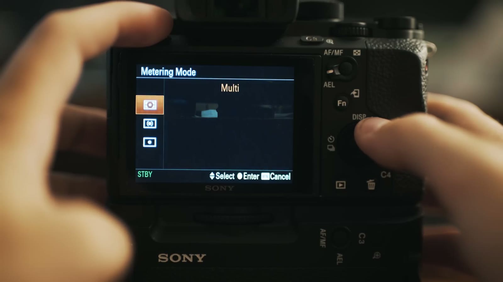 The a7S II Metering Mode screen set to Multi