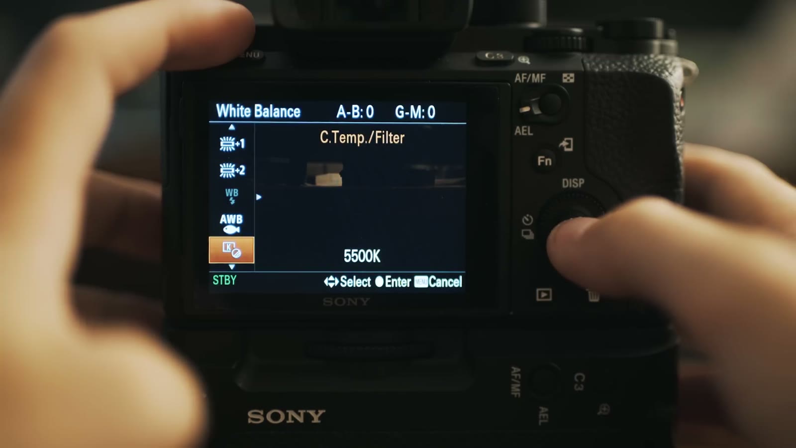 The a7S II white balance screen on C.Temp./Filter at 5500K