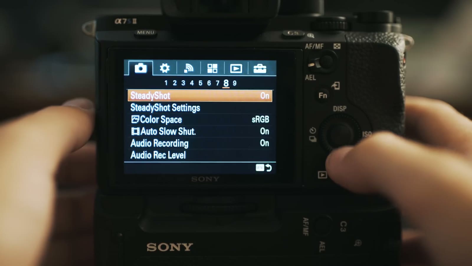 Camera menu page showing SteadyShot on, Color Space sRGB and Audio Recording on