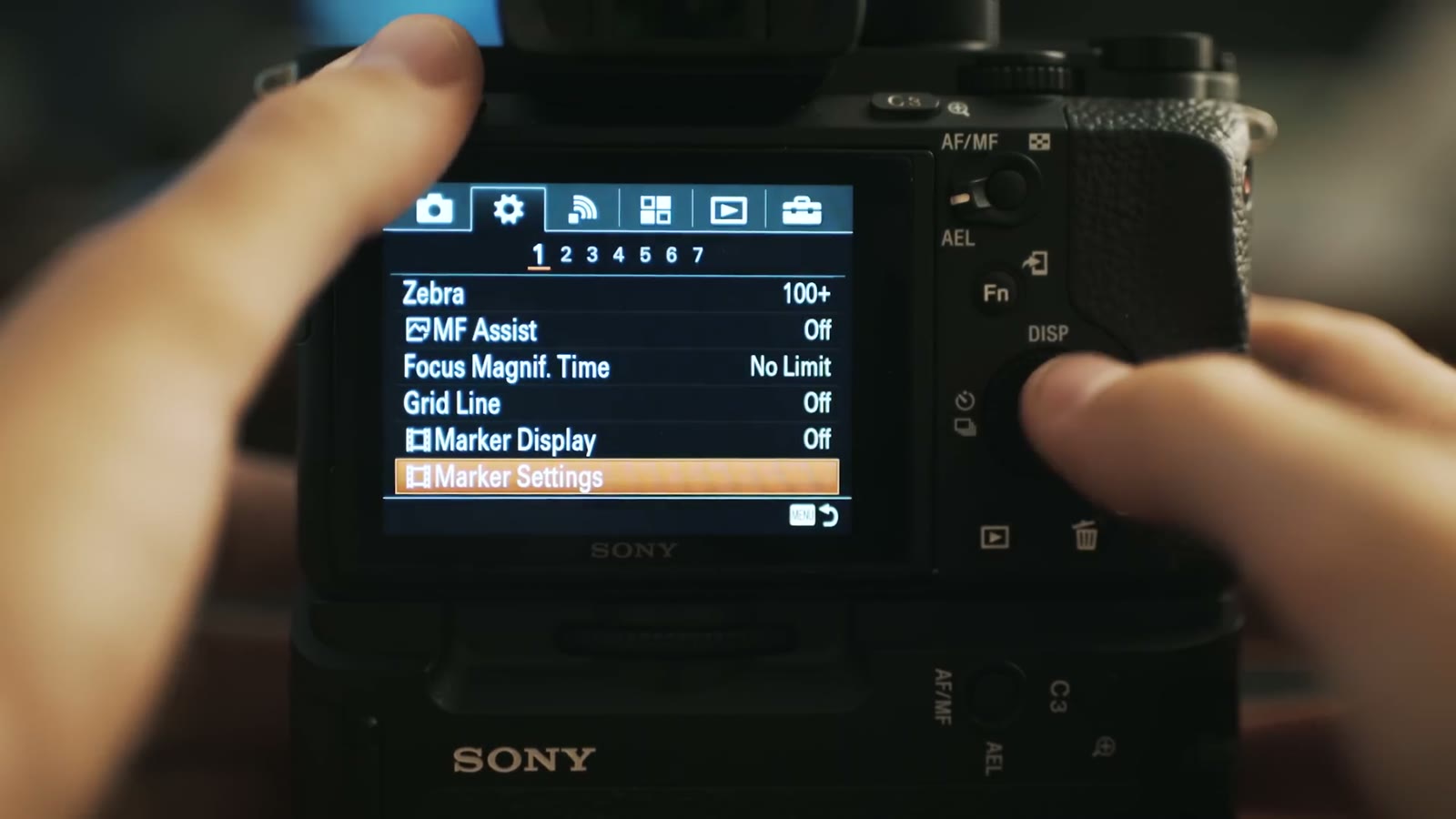 Custom settings page showing Zebra, MF Assist, Focus Magnification Time and Marker Settings